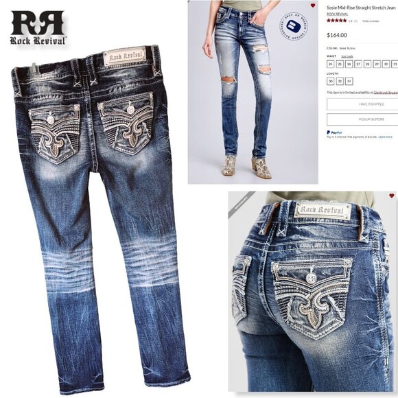 ROCK REVIVAL Sosie Mid Rise Straight Stretch Jeans Distress 27 LK NEW The Buckle - Picture 1 of 14